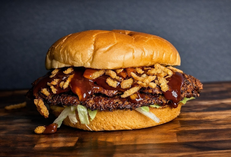 BBQ burger with American cheese, crispy onion strings, and honey mustard BBQ sauce from a Holland Michigan food truck