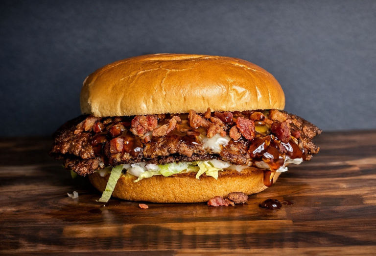 The Manhattan burger with American and Swiss cheese, bacon crumbles, garlic aioli, and bourbon sauce from a West Michigan food truck