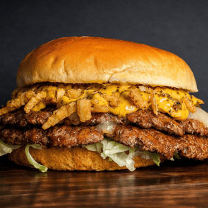 Spicy burger with pepper jack, jalapeno crisps, and crunchy garlic chili crisp aioli from a West Michigan food truck
